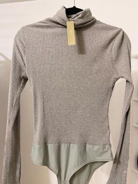 J. Crew Gray Ribbed Turtleneck Bodysuit with Light Sage Hem